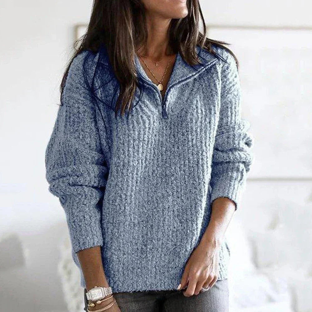 Efterårsstruktureret dame halv-zip sweater med lange ærmer – Noelle
