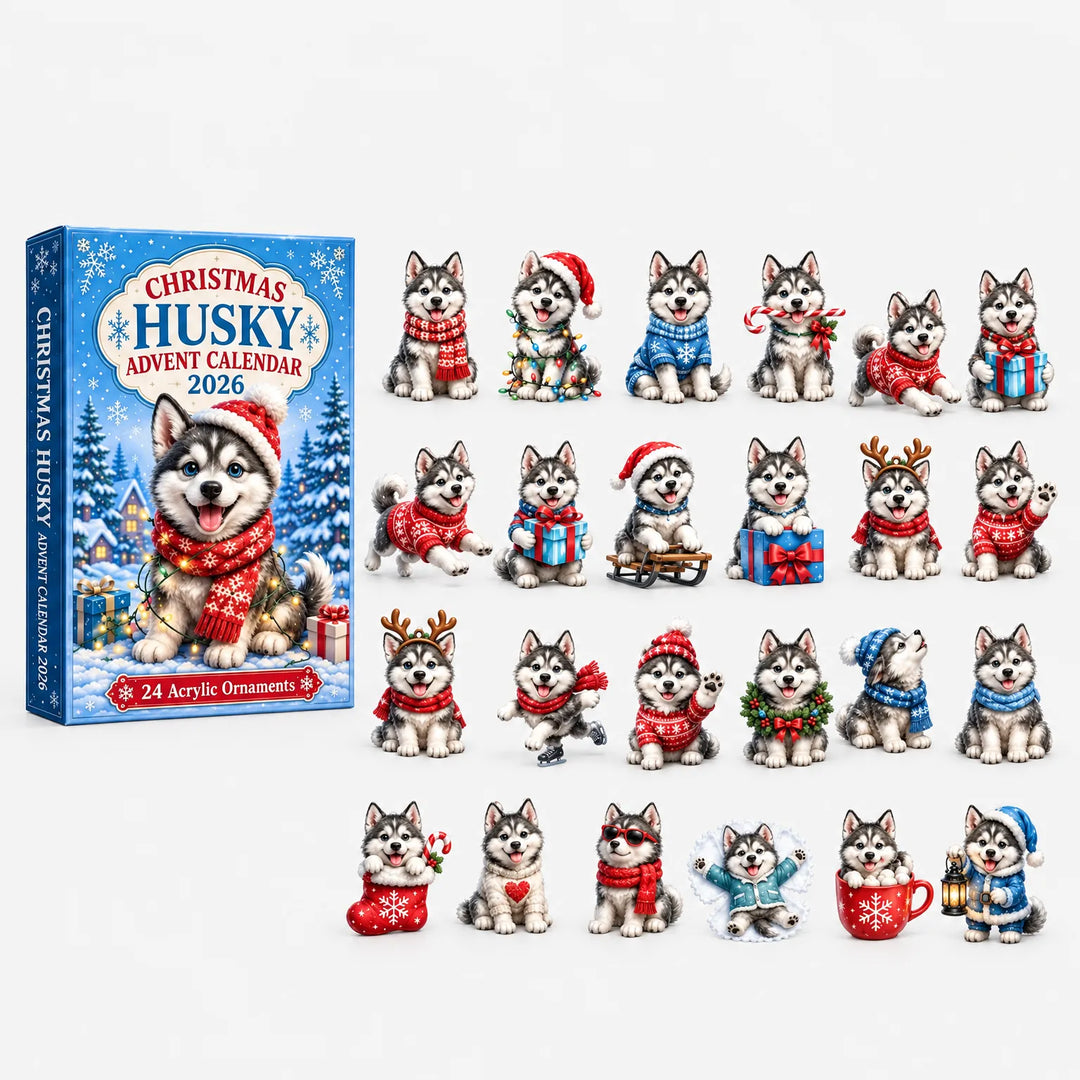 BlÃ¥ Ã¦ske med husky-hvalp i rÃ¸dt tÃ¸j og nissehue ved siden af alle 24 akrylpynt i julemotiver. 2