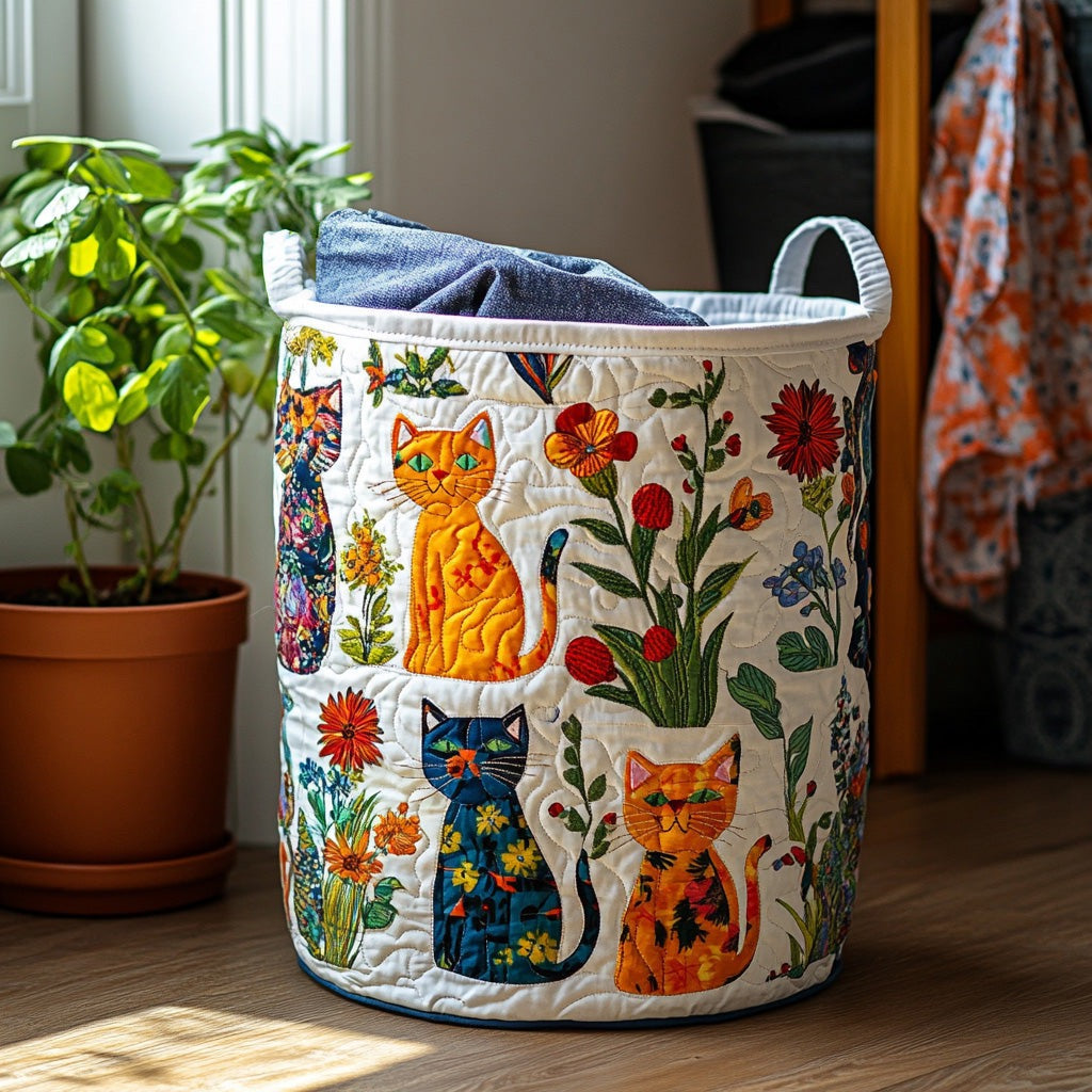 Vatteret kurv med farverige katte og blomster, fyldt med blå tøj og placeret på trægulv ved siden af en grøn plante. 1