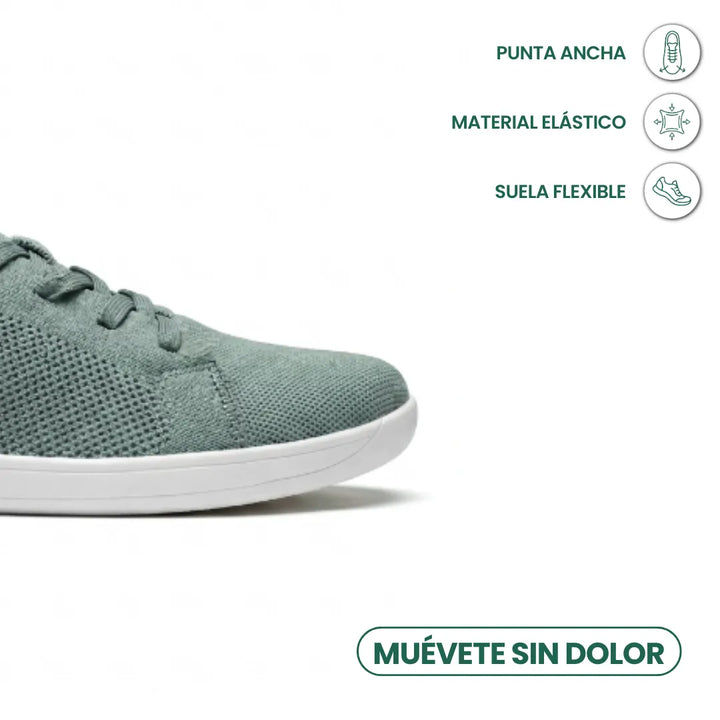 Detalje af den brede tåboks på grøn mesh-sneaker med hvid sål, med ikoner for elastisk materiale og fleksibel sål. 32