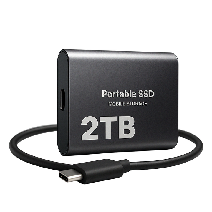 Sort metalkabinet bærbar SSD set fra siden med USB-C-port og et sort USB-C-kabel i en løkke foran, på hvid baggrund. 1