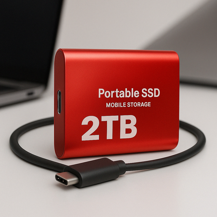 Rød bærbar SSD med USB-C-port og sort kabel i en løkke, stillet på et lyst bord foran en bærbar computer. 3