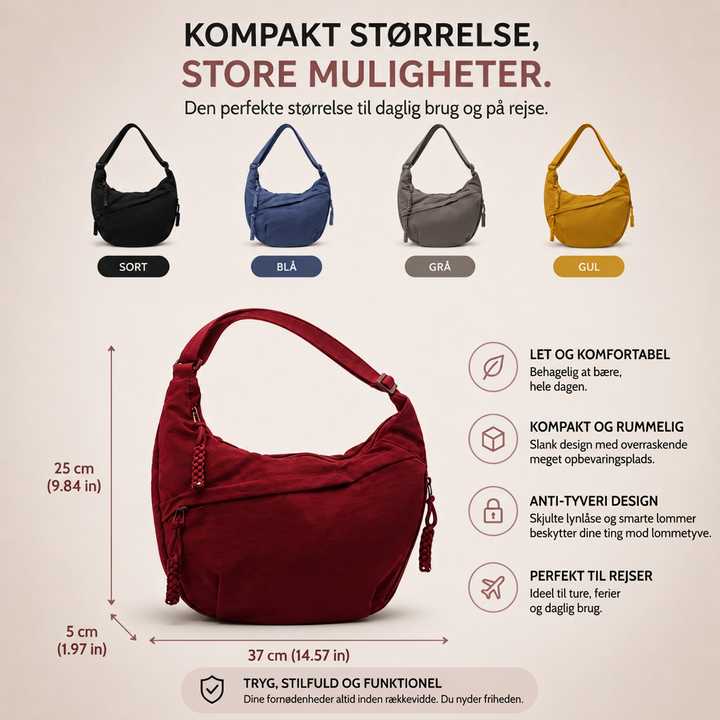 Skuldertaske - justerbar rem, nylon crossbody med flere lommer
