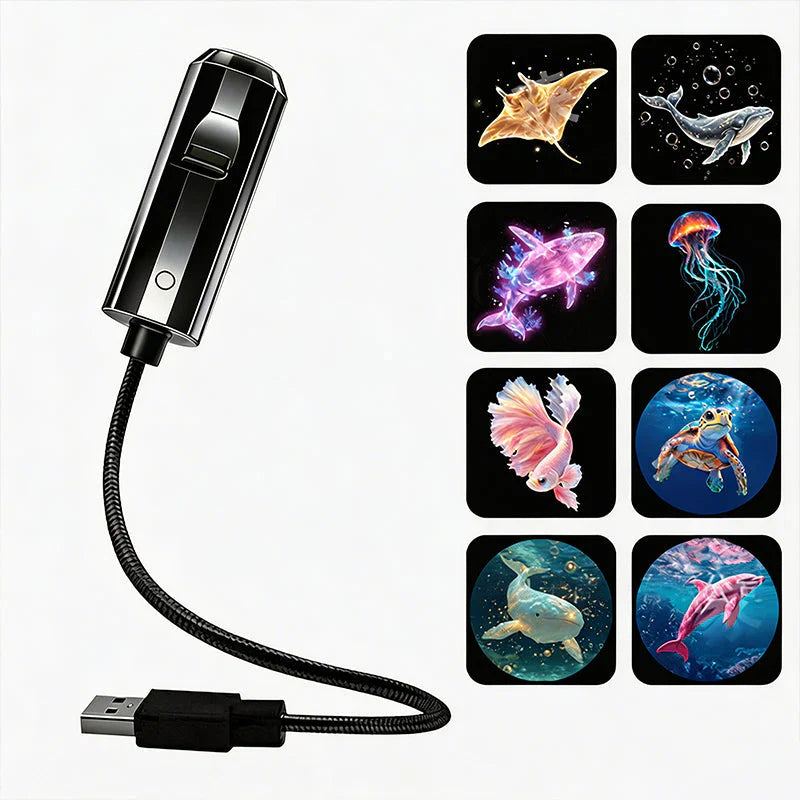 Sort projektor med bøjelig USB-arm ved siden af otte havdyrsbilleder som rokke, skildpadde, delfin og hval 8