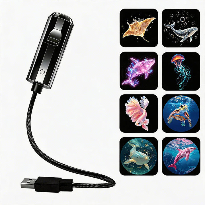 Sort projektor med bøjelig USB-arm ved siden af otte havdyrsbilleder som rokke, skildpadde, delfin og hval 8
