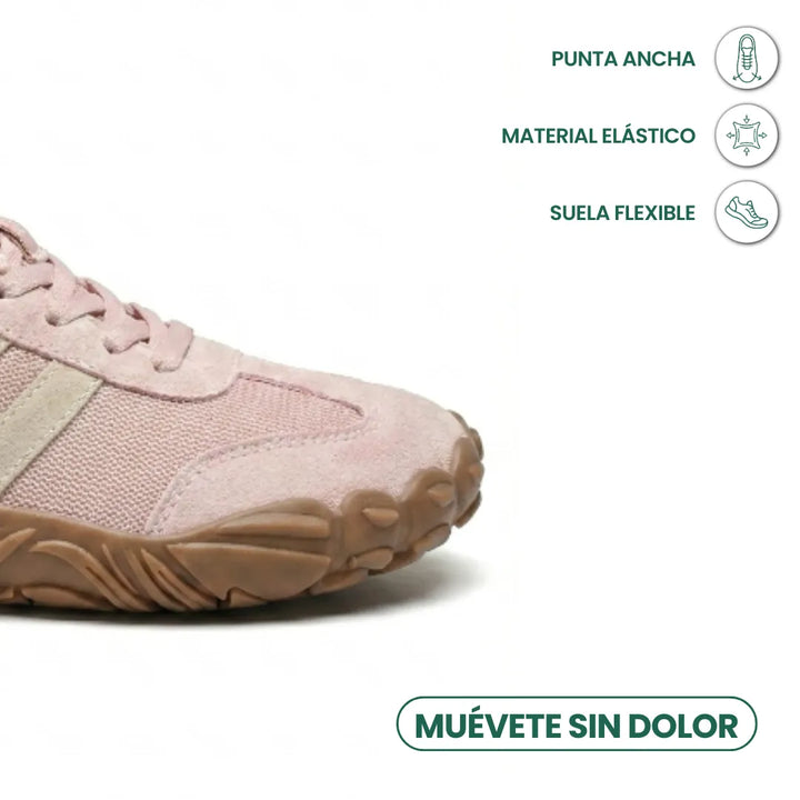 Nærbillede af rosa skos brede tåparti med elastisk mesh og fleksibel sål, ledsaget af små ikoner og spansk tekst. 14