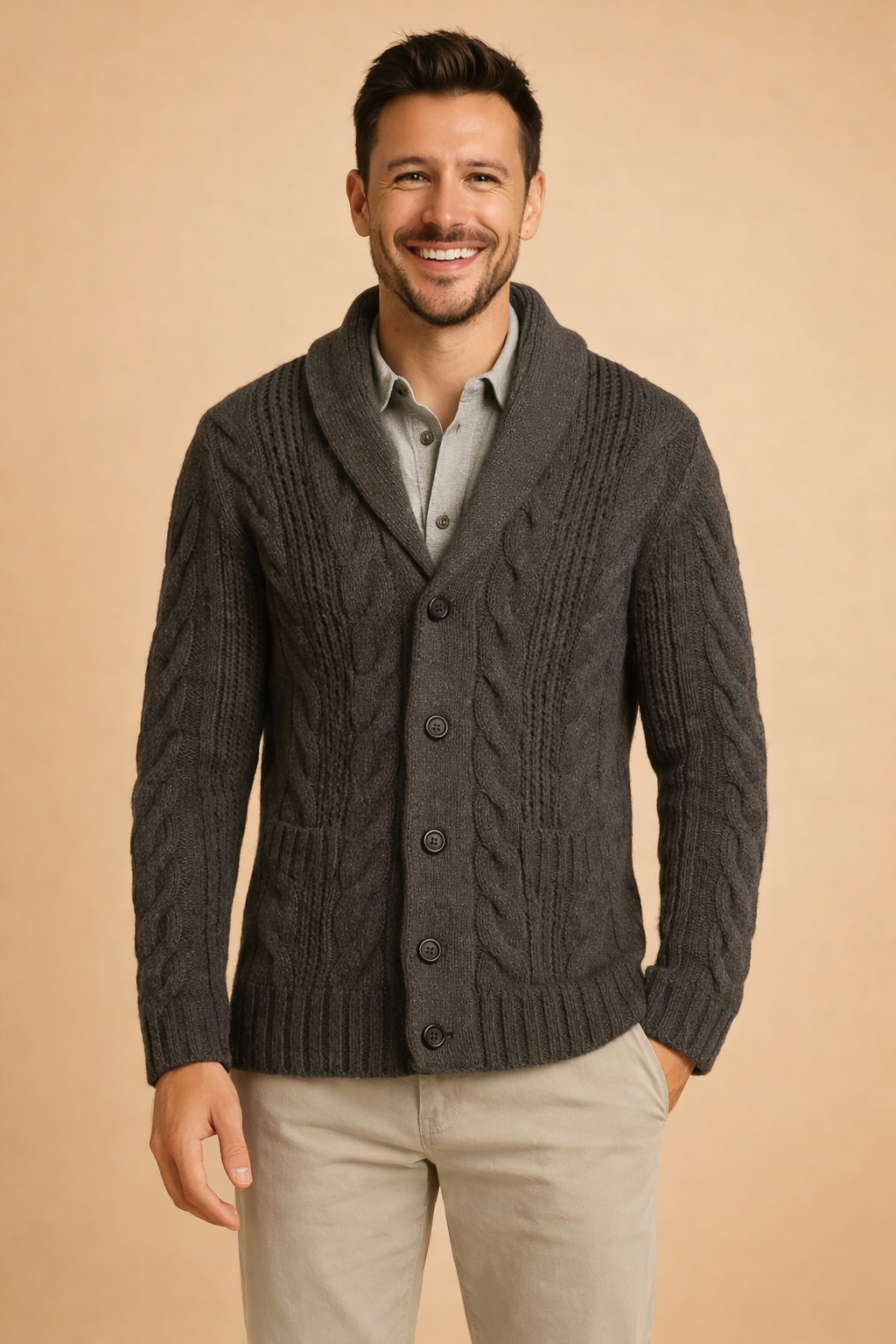 Smilende mand i mørkegrå flettestrikket cardigan med sjalskrave, knapper og påsatte lommer, over lysegrå skjorte og beige bukser. 5