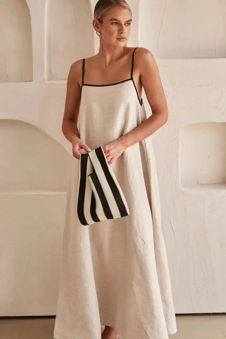 Ærmeløs beige boho maxi-kjole i hørlook – Elin