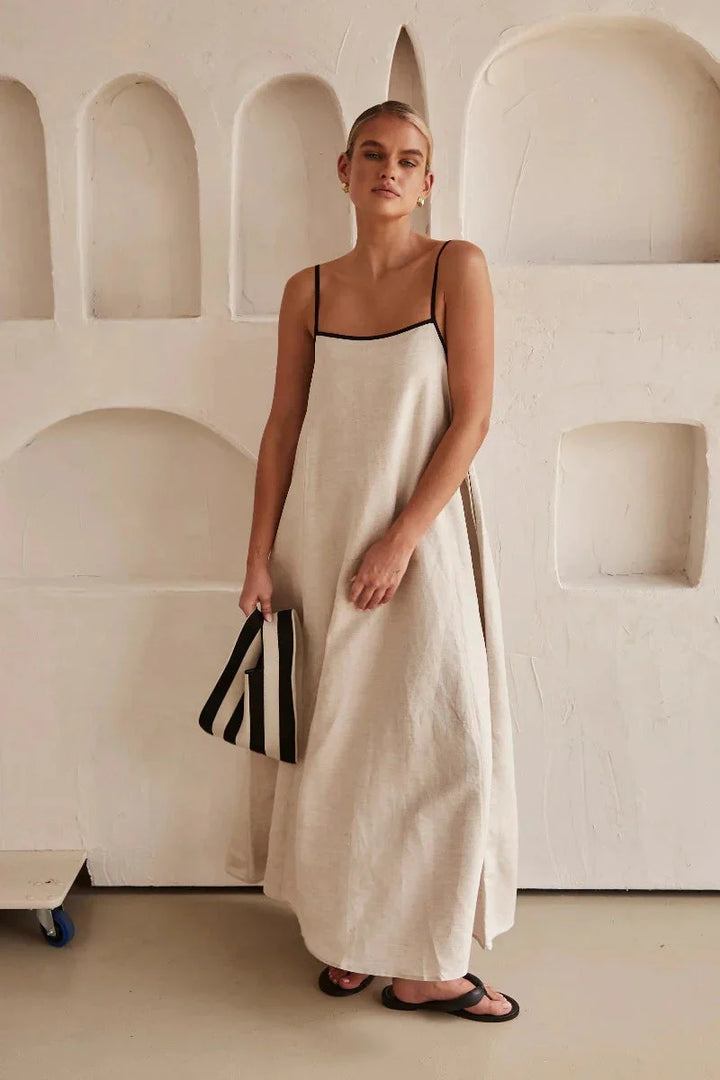 Ærmeløs beige boho maxi-kjole i hørlook – Elin