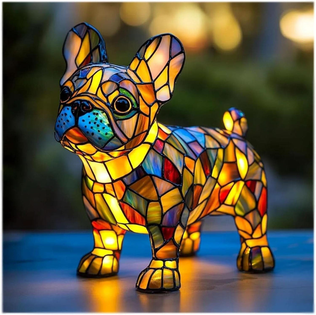 Fransk bulldog-lampe med store opretstående ører og blågrøn snude, tændt udendørs mod sløret baggrund. 7