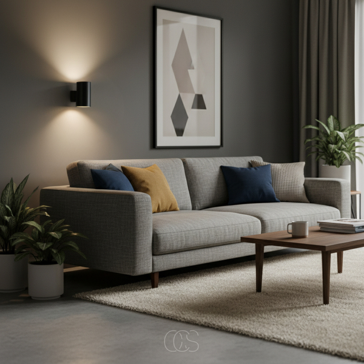 Sort natlampe på en grå væg over en grå sofa med puder, sofabord og planter i stuen. 6