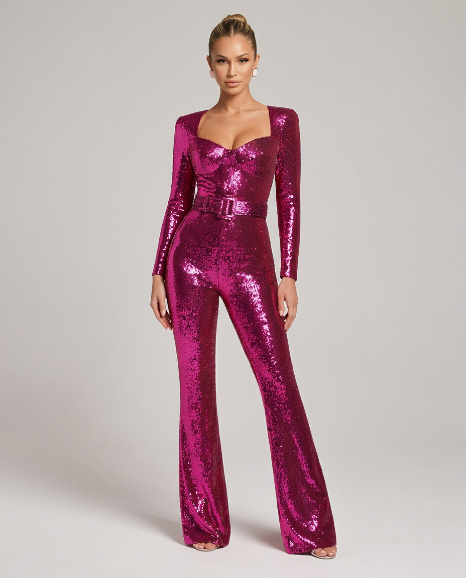 Model set forfra i pink palietjumpsuit med hjerteformet udskæring, lange ærmer, bælte i taljen og udsvingede ben, stående med armene langs siden. 1