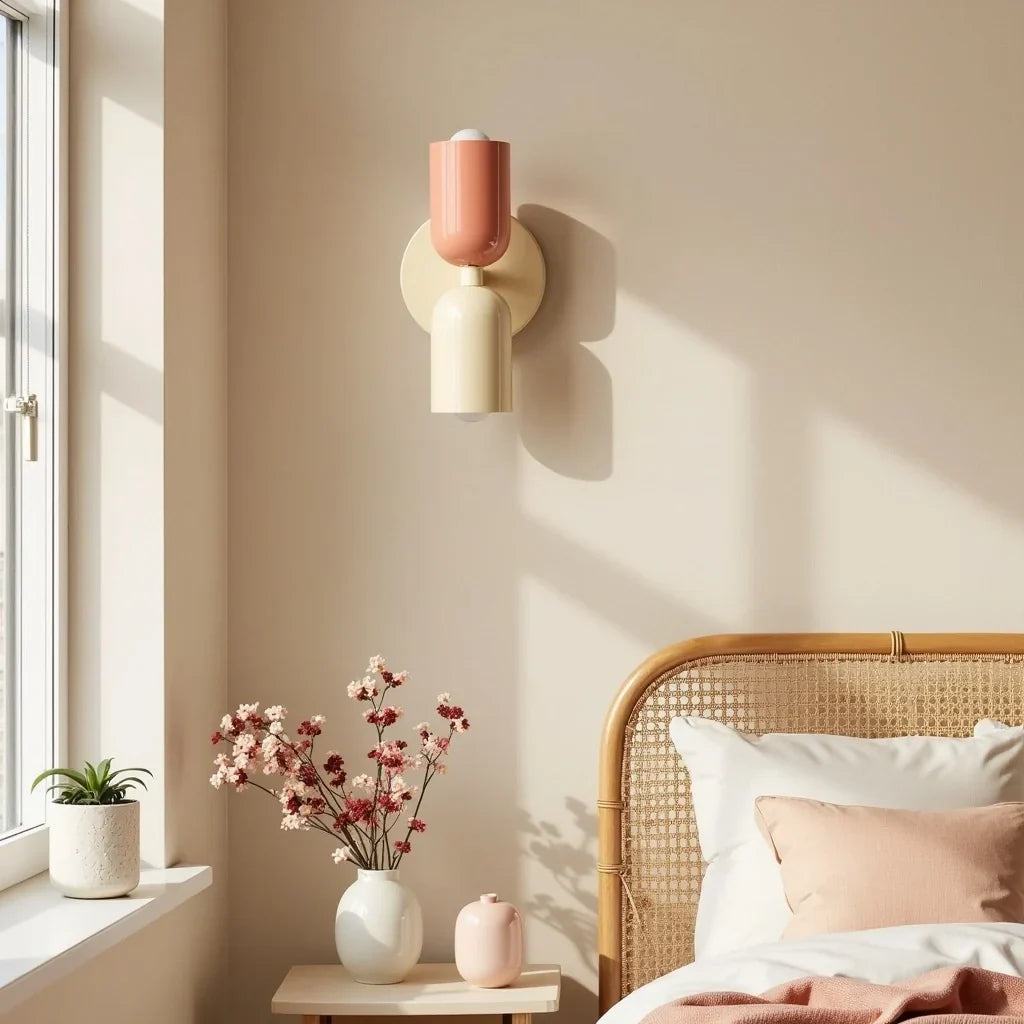 Væglampe i fersken og creme på beige væg ved et sengegavl i rattan, med blomster i hvid vase på bordet. 2