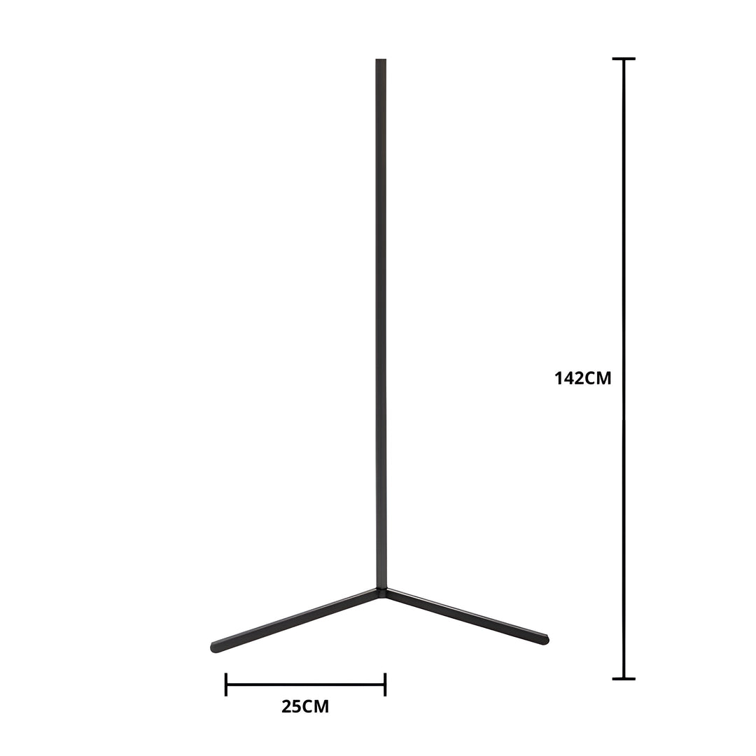 Sort hjørnelampe på hvid baggrund med målstokke, der viser lampens højde og fodens bredde. 5