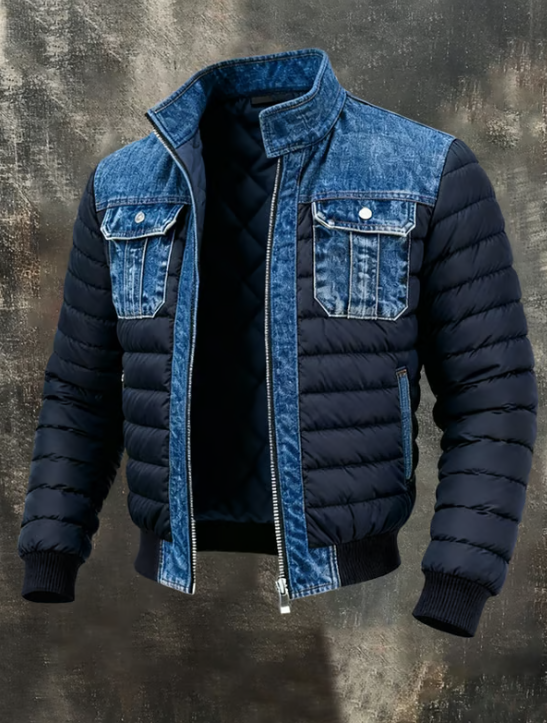 Hel jakke set skråt forfra med åben lynlås, mørkeblå quiltede ærmer og krop, denimskuldre, brystlommer og opretstående krave. 1