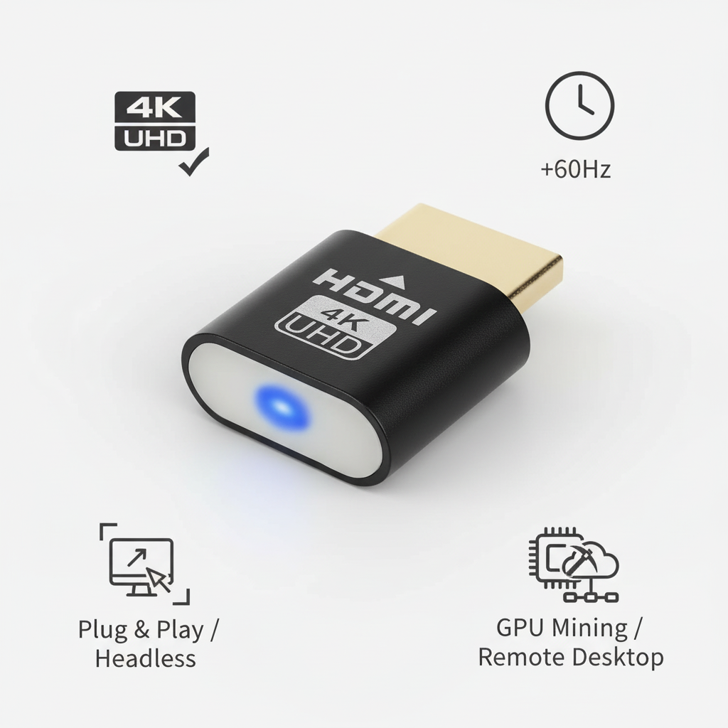 Sort HDMI-enhed med blå LED, omgivet af ikoner for 4K, 60Hz, plug and play og fjernskrivebord. 2
