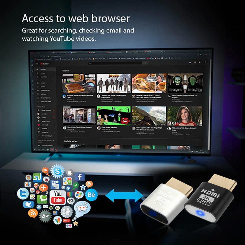 Sort og sølvfarvet HDMI-enhed foran et tv med en videoside åben i webbrowseren. 6