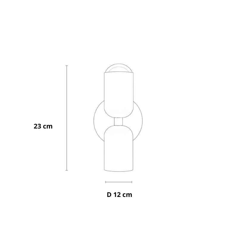 Stregtegning af væglampen med mål: højde 23 cm og diameter 12 cm, uden farver. 23
