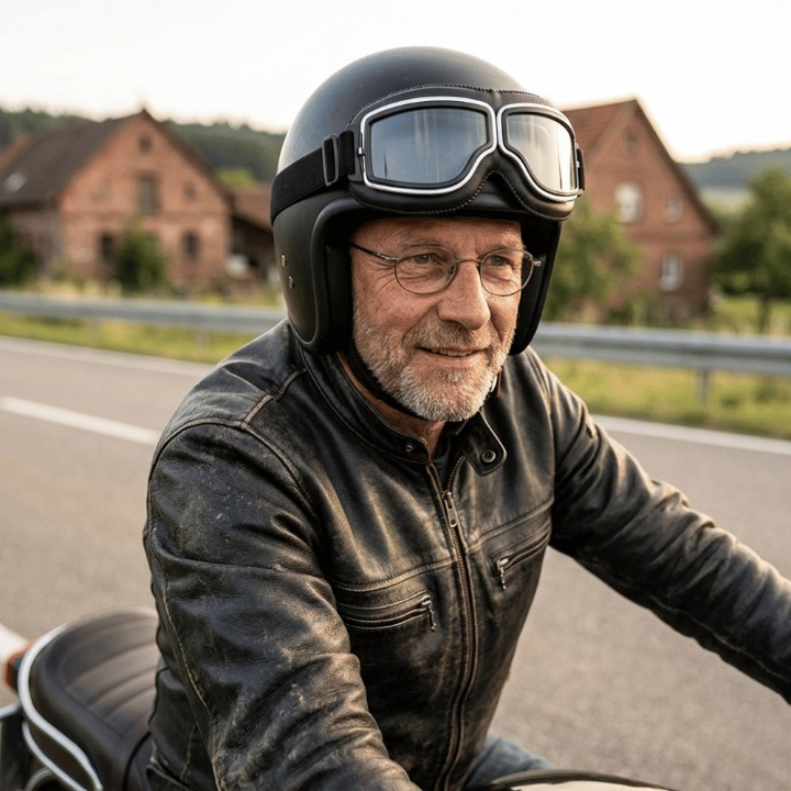 Smilende mand med briller og sort retrohjelm kører motorcykel på landevej, med motorcykelbriller spændt fast om hjelmen. 1