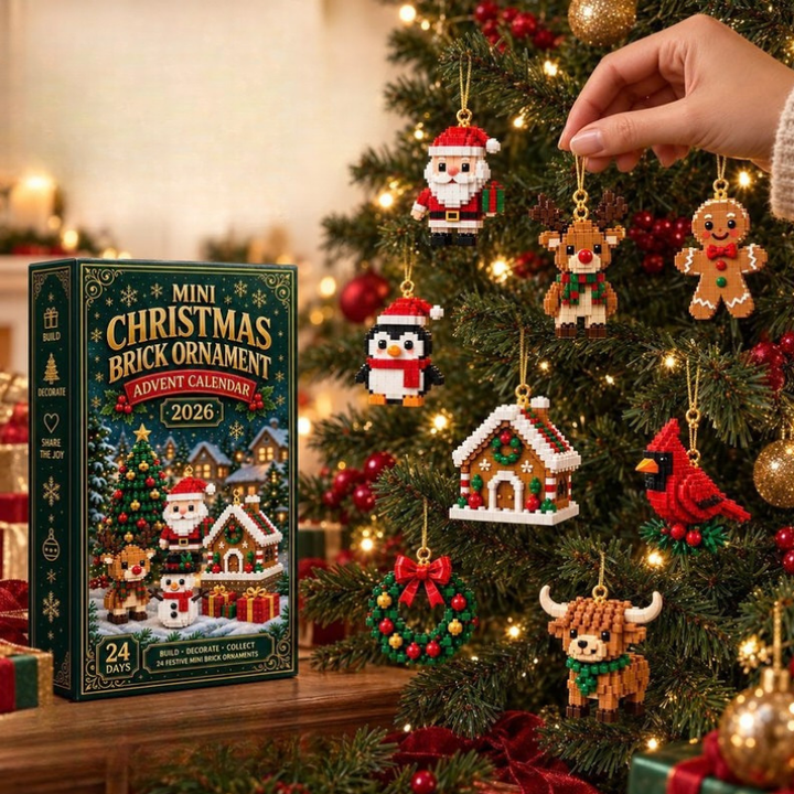 En hånd hænger klodsfigurer med guldsnore i et pyntet juletræ, mens æsken står på hylden ved siden af. 3