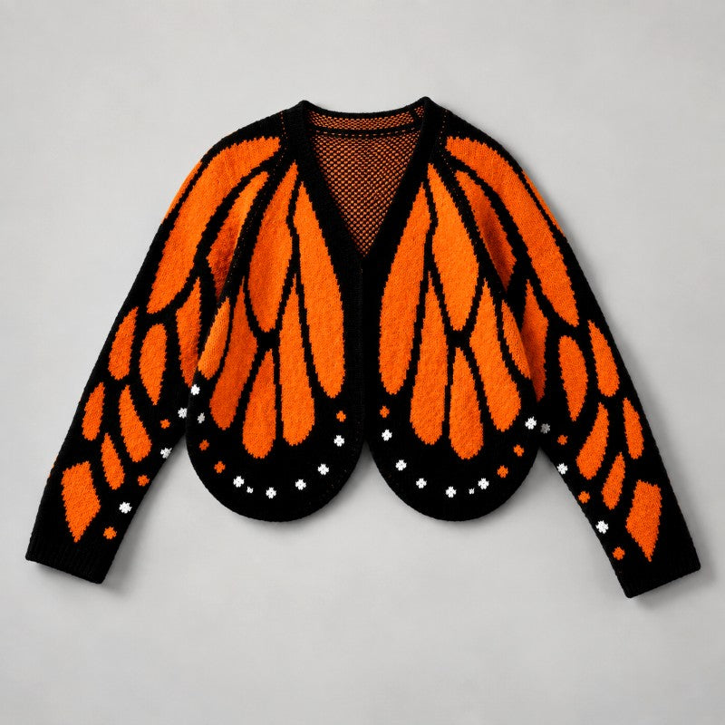 Strikket cardigan med sommerfuglevinger i orange og sort, vist fladt forfra 2
