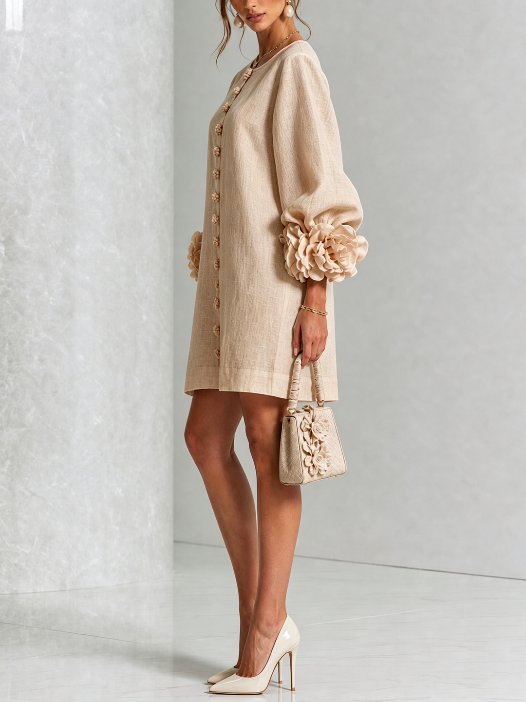 Beige minikjole set fra siden på model med lyse stilletter og taske med blomster 12