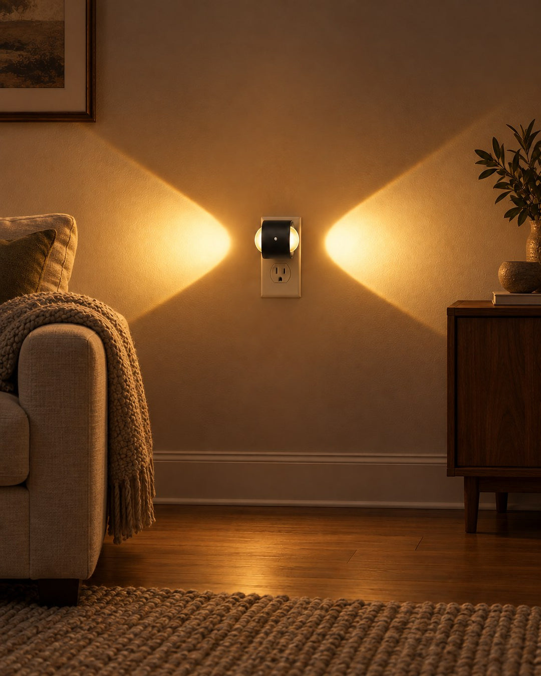 Lampen lyser til begge sider på en væg i stuen ved siden af en sofa 8