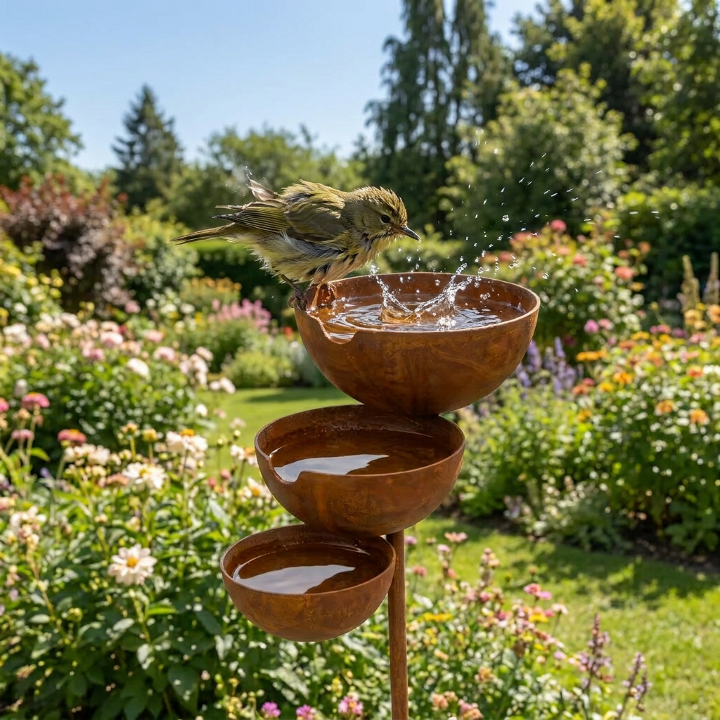 Lille grøn fugl pjasker i den øverste rustne skål, omgivet af blomstrende havebede 1