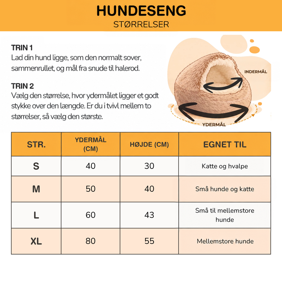 Størrelsesguide med trin til at måle hunden og en tabel over fire størrelser med ydermål, højde og passende dyr. 11