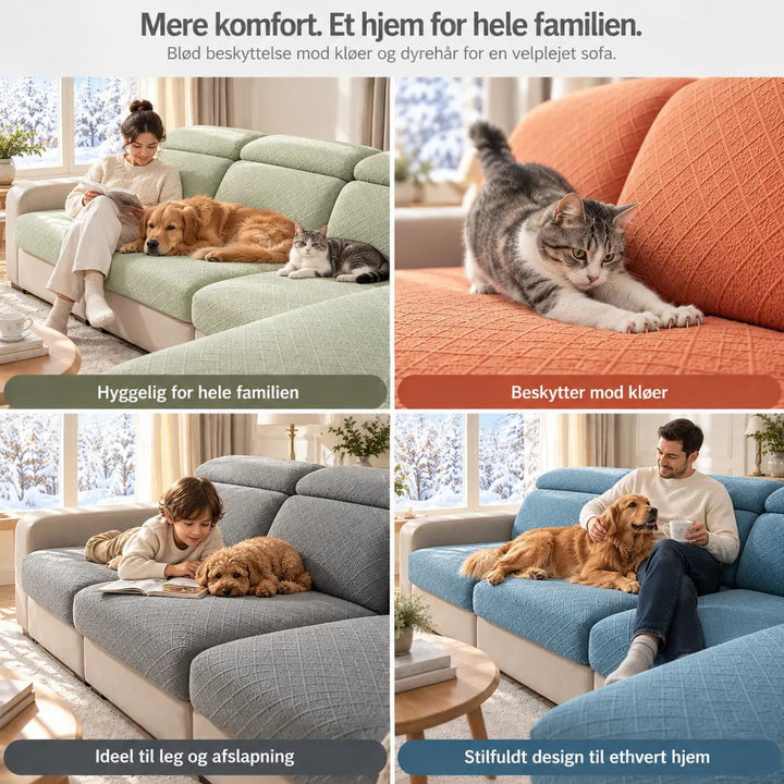 Fire stuescener med grønne, orange, grå og blå overtræk, familie, kat og hunde 6
