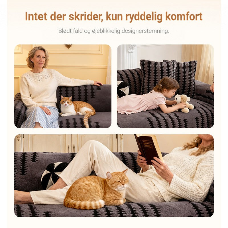 Collage af tre personer og katte, der slapper af på sofaen med mørkegråt betræk 3