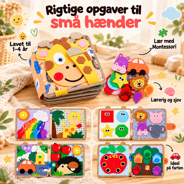 Giraf-filtbog med løse figurer og fire opslåede sider med regnbue, former, bil, pindsvin og æble 3