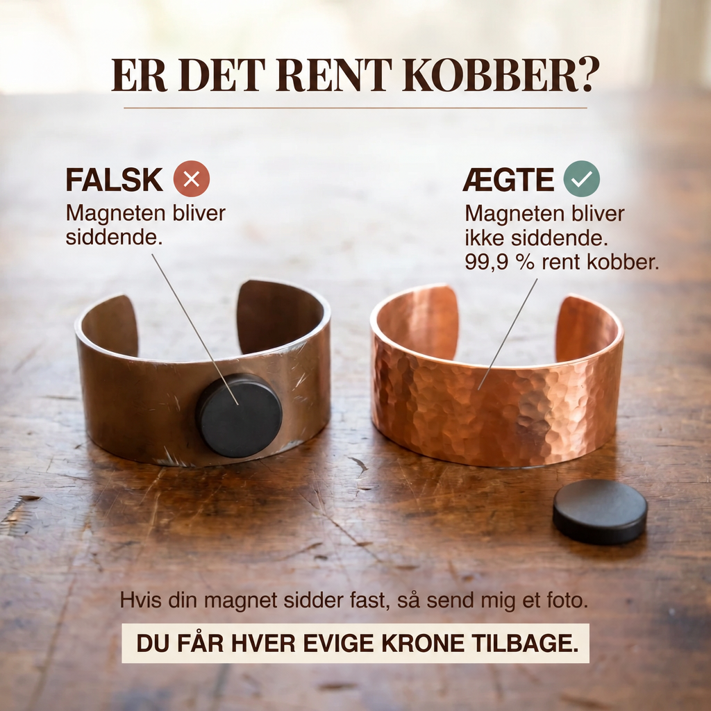 Infografik med to kobberarmbånd side om side, hvor en magnet sidder fast på det ene og ikke på det andet, som en test af rent kobber. 4