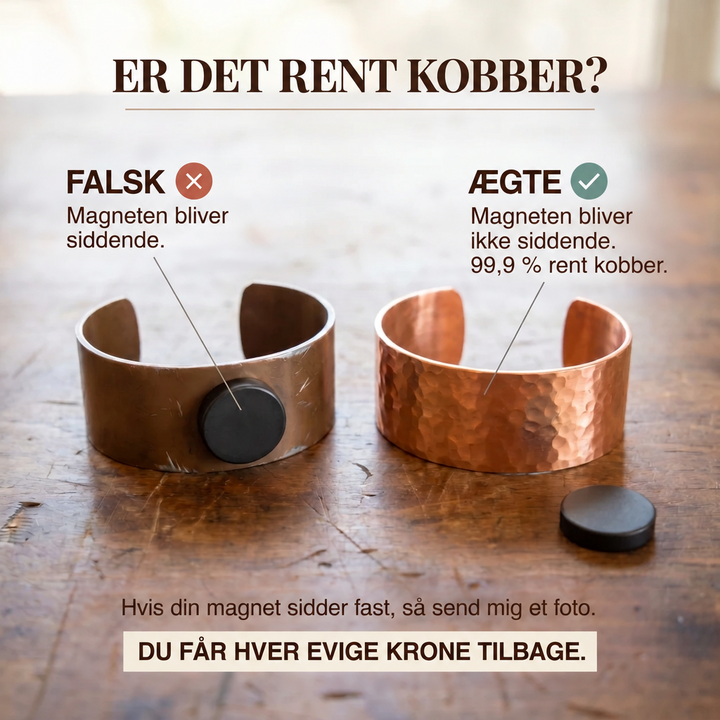 Infografik med to kobberarmbånd side om side, hvor en magnet sidder fast på det ene og ikke på det andet, som en test af rent kobber. 4
