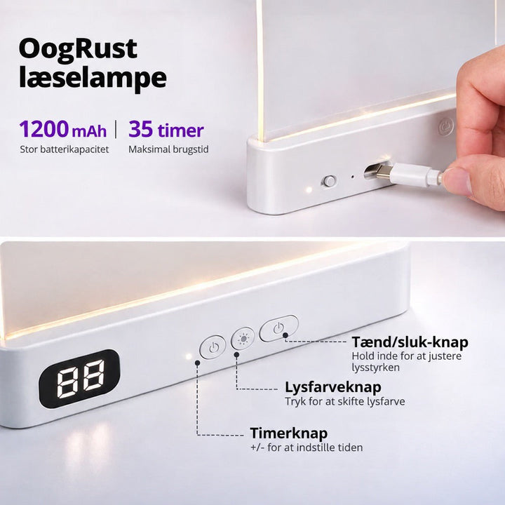 Nærbillede af lampens fod med USB-C-kabel, display og knapper til tænd/sluk, lysfarve og timer 8