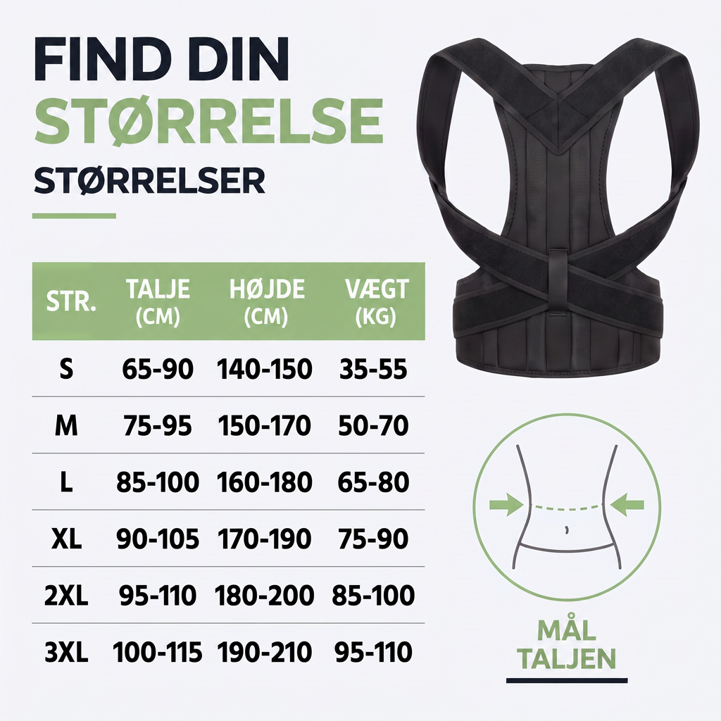 Sort bandage set bagfra ved siden af en størrelsestabel og en illustration, der viser hvor taljen skal måles. 5