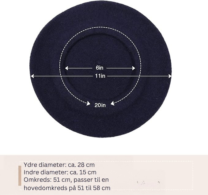 Mørkeblå baret set oppefra med målpile for ydre og indre diameter og omkreds 13
