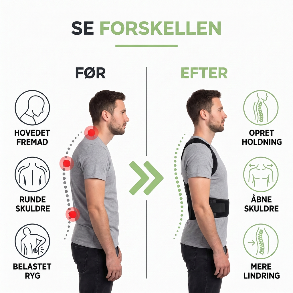 Før-og-efter-sammenligning af en mand i profil: foroverbøjet holdning til venstre, rank og åben holdning med sort bandage til højre. 3