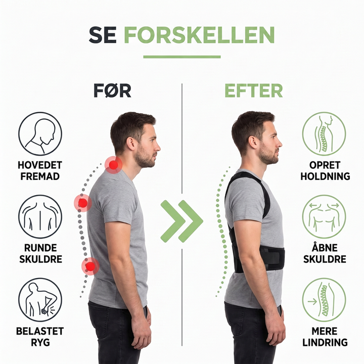 Før-og-efter-sammenligning af en mand i profil: foroverbøjet holdning til venstre, rank og åben holdning med sort bandage til højre. 3