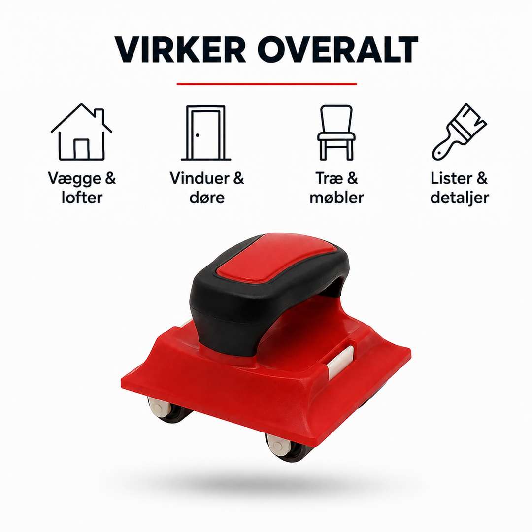Værktøjet set skråt nedefra med små hjul under den røde base og sort håndtag 8