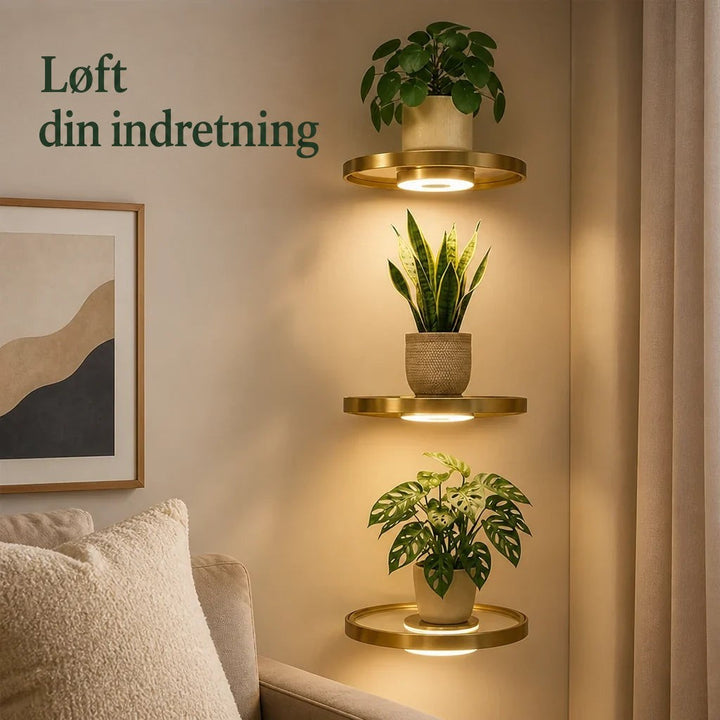 Tre runde guldfarvede hylder i en stak på væggen med planter i potter og varmt lys nedenunder, ved siden af en sofa. 1