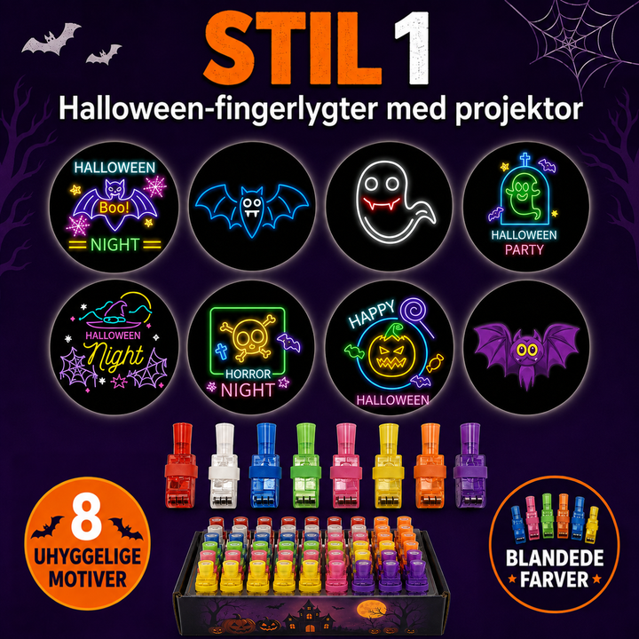 Stil 1: otte neonagtige Halloween-motiver i cirkler over en række farvede fingerlys og en fyldt æske 2