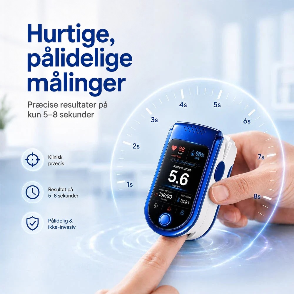Monitoren sat på en pegefinger under en cirkulær tidsskala fra et til otte sekunder, der illustrerer hurtig måling. 12