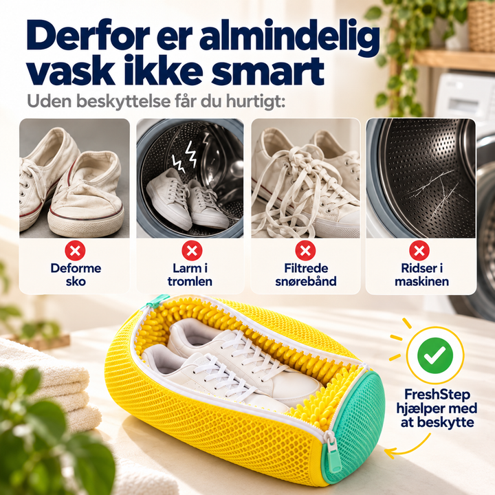 Sammenligning af sko vasket uden beskyttelse med fire problemer, og den gule vaskepose med sneakers nedenunder 2
