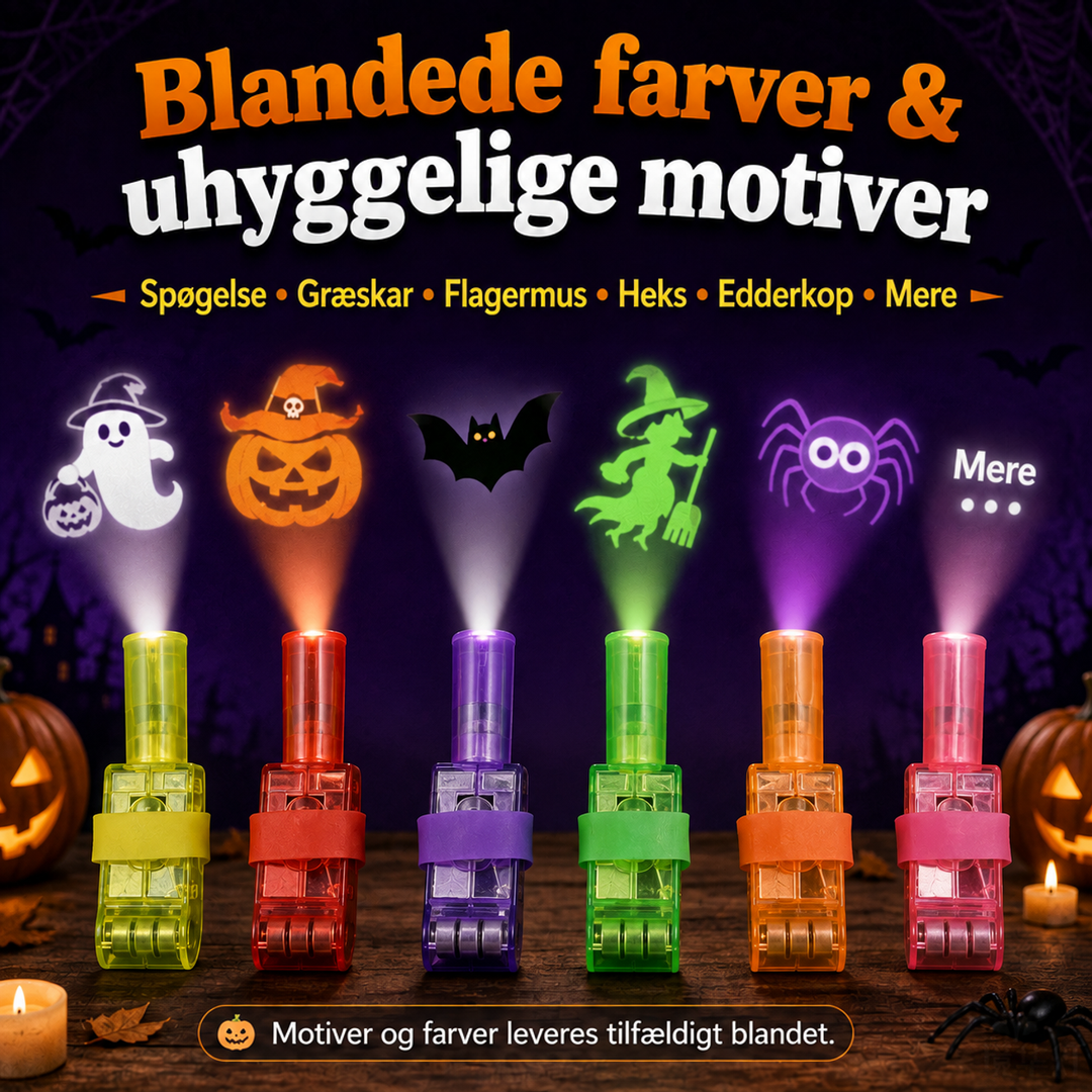 Seks lysende fingerlys i forskellige farver, hver med sit projicerede motiv som spøgelse, græskar, flagermus, heks og 7