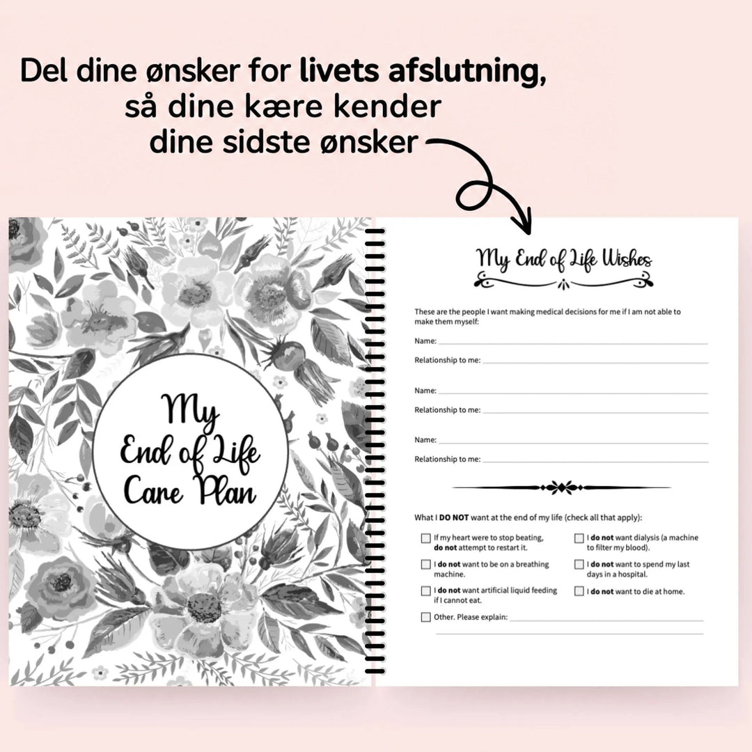 Opslået planlægger med blomstret forside til plejeplanen og en side med linjer og afkrydsningsfelter til ønsker for den sidste tid. 7