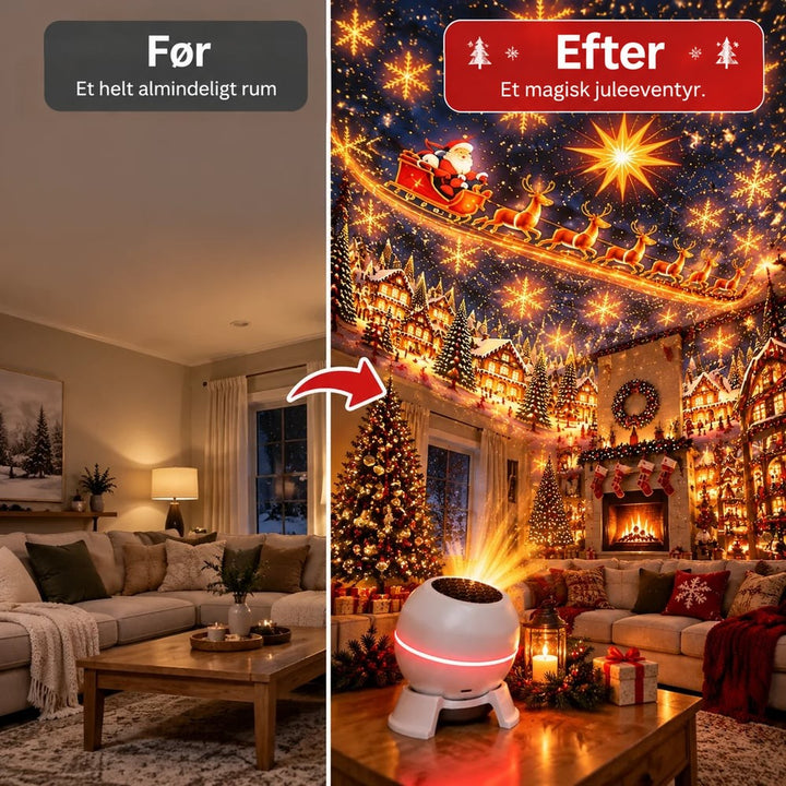 Før og efter: almindelig stue ved siden af stue fyldt med projiceret julemotiv 3