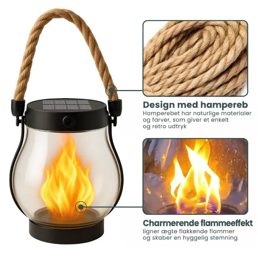 Lanterne med solcellepanel og tovhank, og to nærbilleder af det flettede reb og flammeeffekten 3