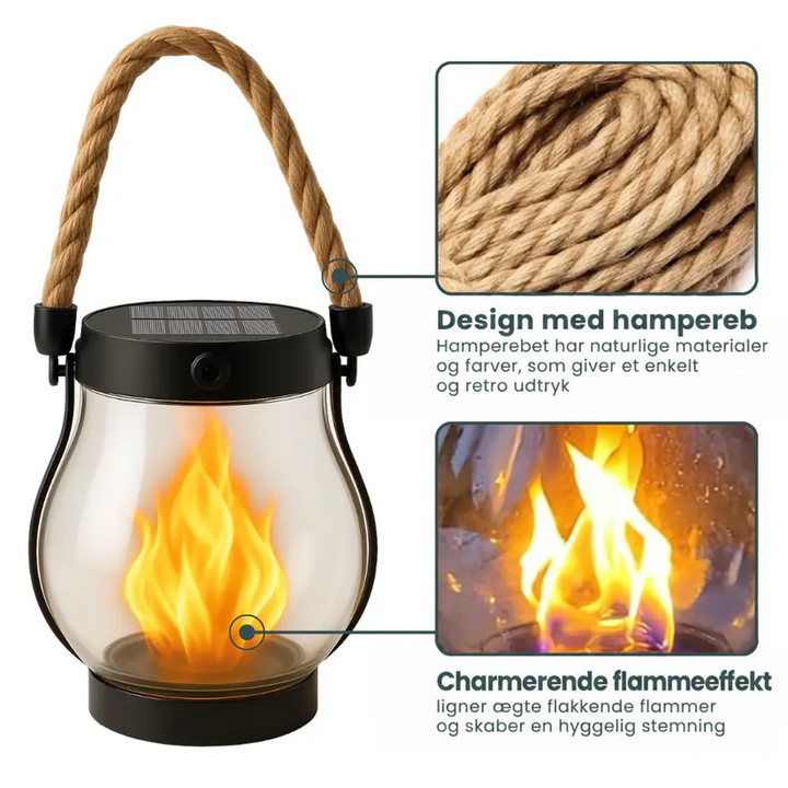 Lanterne med solcellepanel og tovhank, og to nærbilleder af det flettede reb og flammeeffekten 3