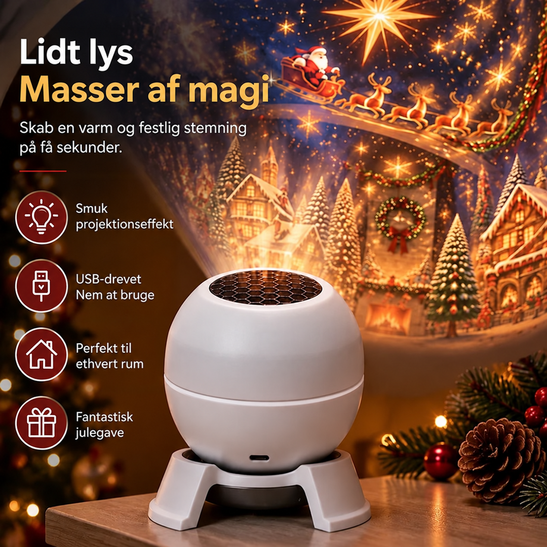 Hvid projektor på et bord med juleguirlander og grankogle, der projicerer julemand og landsby, ledsaget af ikoner for USB-strøm og gaveidé. 4